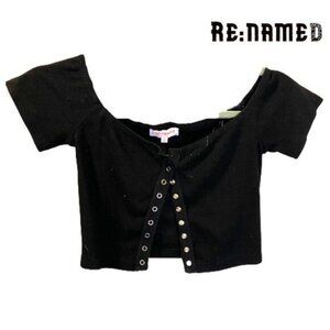 Re:named Women's Sexy Short Sleeve Button Knitted Ribbed Casual‎ Basic Crop top